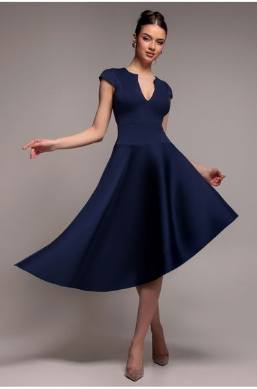 Cap Sleeve Skater High Low Midi Dress - Navy Blue by Goddiva