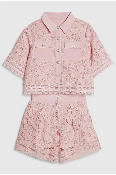 Girls Pink Lace Blouse And Shorts Set