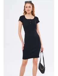 Women's Black Short Sleeve Dress with Snap Fasteners - 1