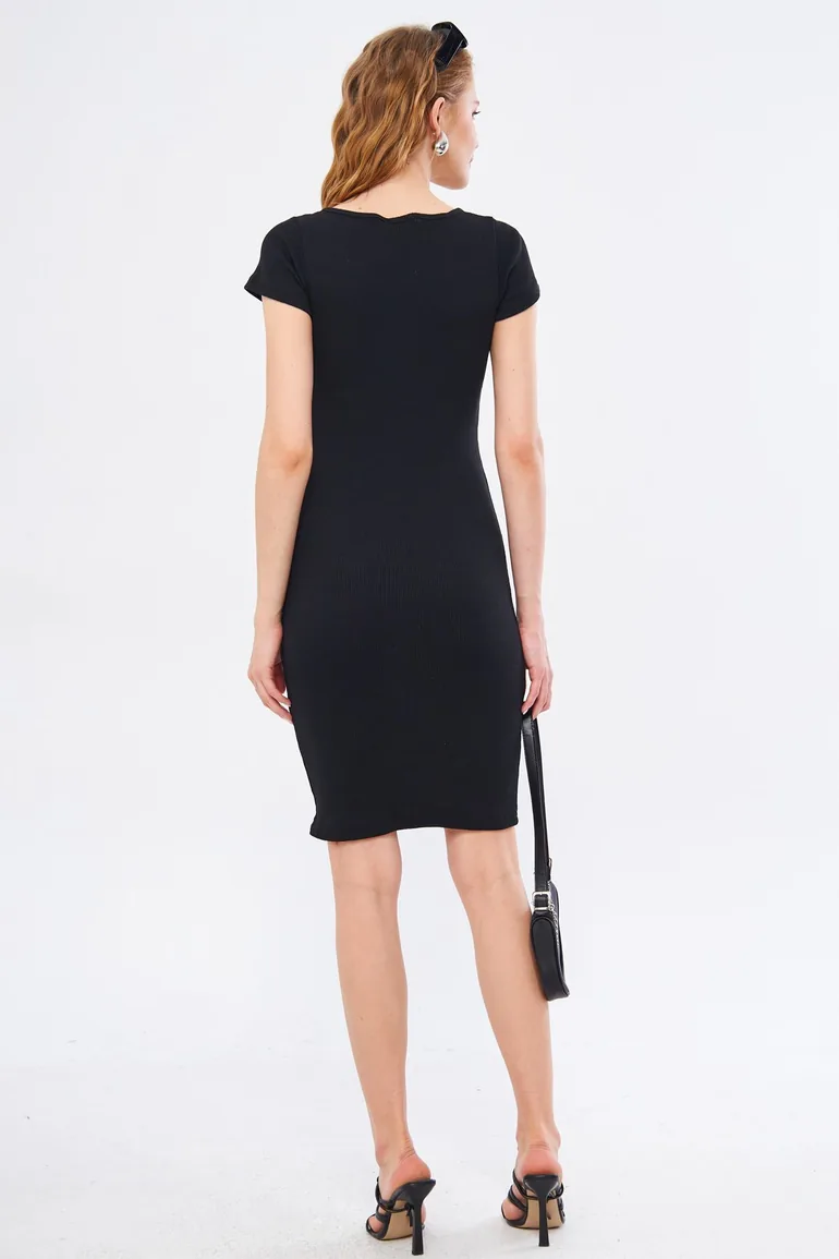 Women's Black Short Sleeve Dress with Snap Fasteners - 2