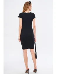 Women's Black Short Sleeve Dress with Snap Fasteners - 2