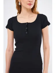 Women's Black Short Sleeve Dress with Snap Fasteners - 3