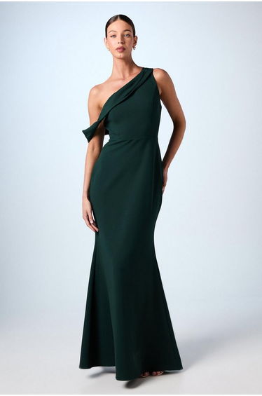 Asymmetric Neckline Scuba Crepe Black Tie Dress