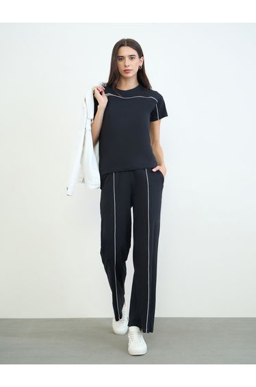 Black Piping Detail Cotton T-Shirt and Joggers Set