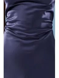 Navy Blue Detailed Cowl Neck Satin Woven Chic Dress - 3