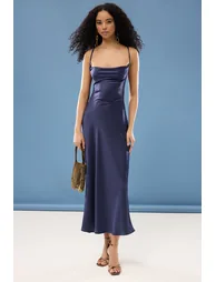 Navy Blue Detailed Cowl Neck Satin Woven Chic Dress