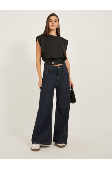 Padded Shoulder Belted Cropped Sleeveless Boxy T-Shirt