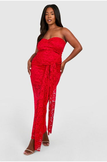 Plus Strapless Lace Bodycon Dress - dark red