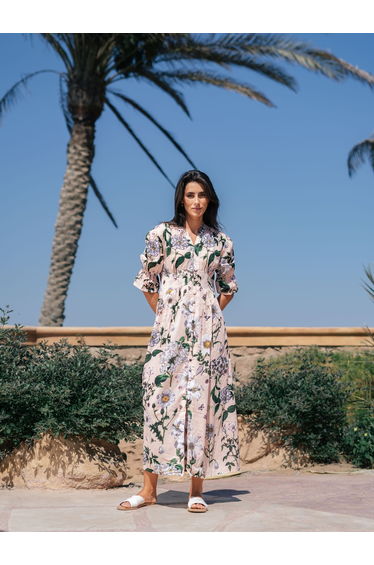 Floral Printed Cotton Maxi Dress with Button Detail