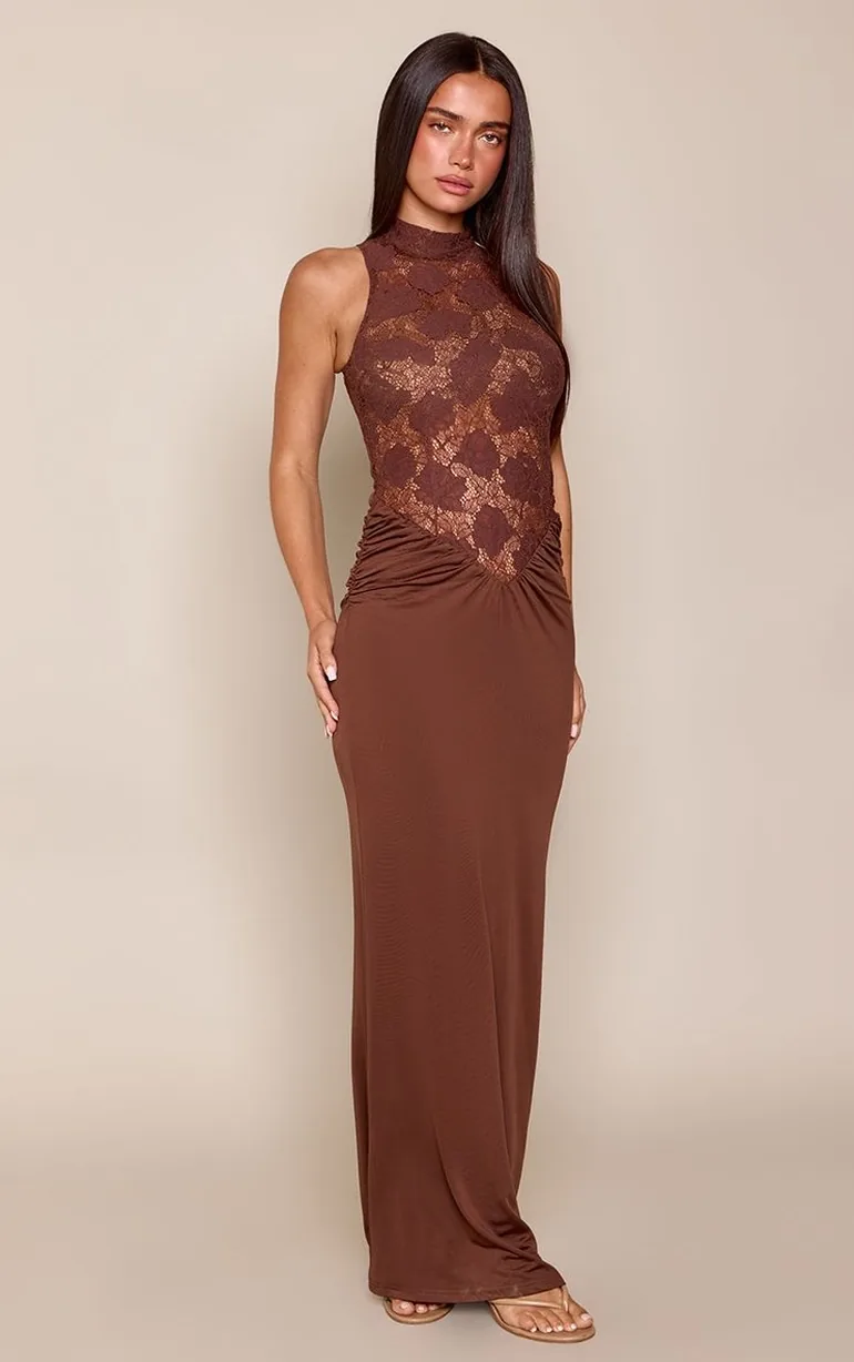 Chocolate Lace High Neck Sleeveless Contrast Maxi Dress