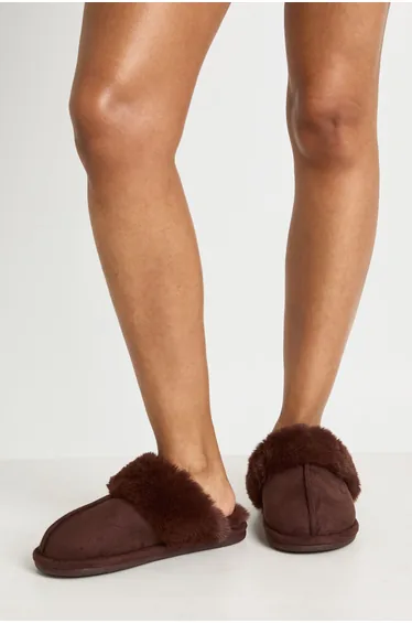 Fluffy Trim Mule Slippers - chocolate