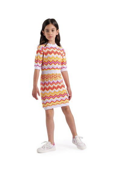 Girls Knitted Zigzag Dress in Multicolour