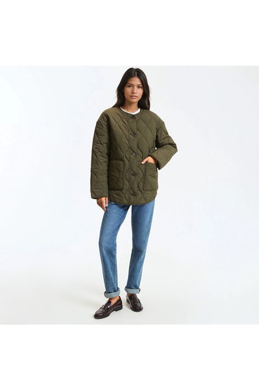 Short Quilted Padded Jacket with Button Fastening