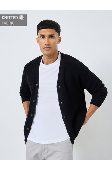Men Black Knit Cardigan with Button Placket
