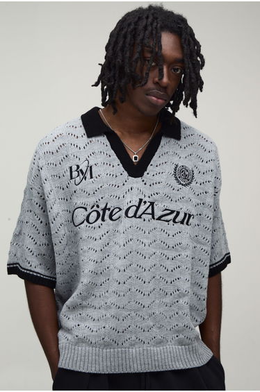 Oversized Boxy Embroidered Pointelle Knitted Polo - grey