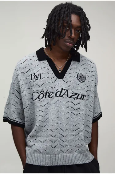 Oversized Boxy Embroidered Pointelle Knitted Polo - grey