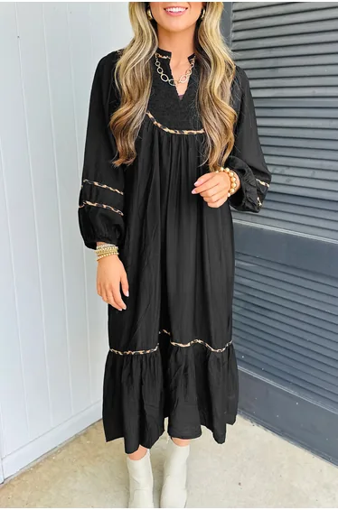 Lvness Black Contrast Leopard Trim Split Neck Long Sleeve Casual Midi Dress