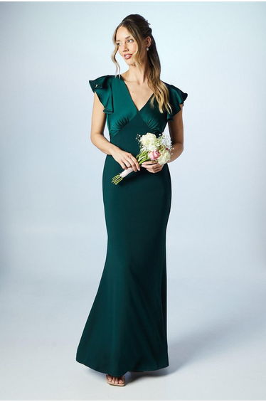V Neck Angel Sleeve Satin Dress
