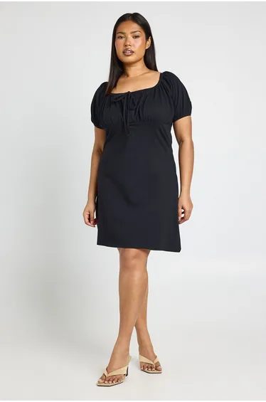 Plus Cotton Milkmaid Cap Sleeve Dress - black