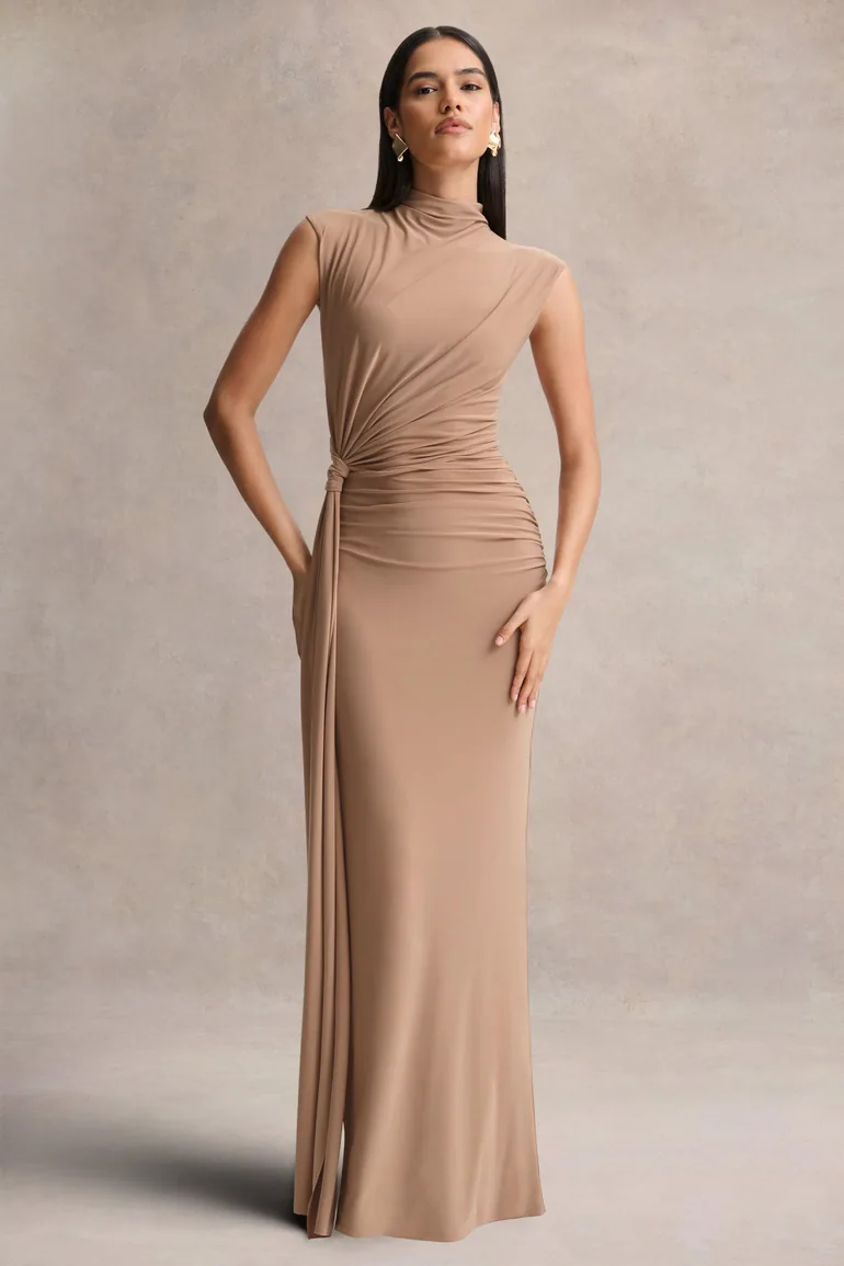 Solene | Brown High-Neck Maxi Dress With Wrap And Drape Detail Club L  London Beige : Premium Dresses : VogaCloset Bahrain