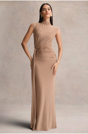 Solene | Brown High-Neck Maxi Dress With Wrap And Drape Detail