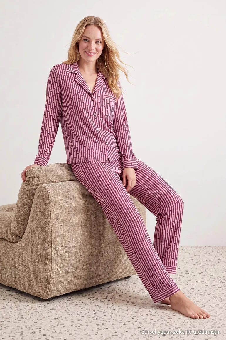 Mürdüm 100% Cotton Pocketed Heart and Striped Knitted Pajama Set