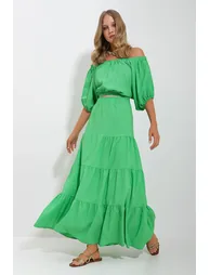 Women's Green Madonna Collar Crop Blouse Gathered Inner Lined Skirt Poplin Suit - 3
