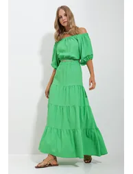 Women's Green Madonna Collar Crop Blouse Gathered Inner Lined Skirt Poplin Suit - 1