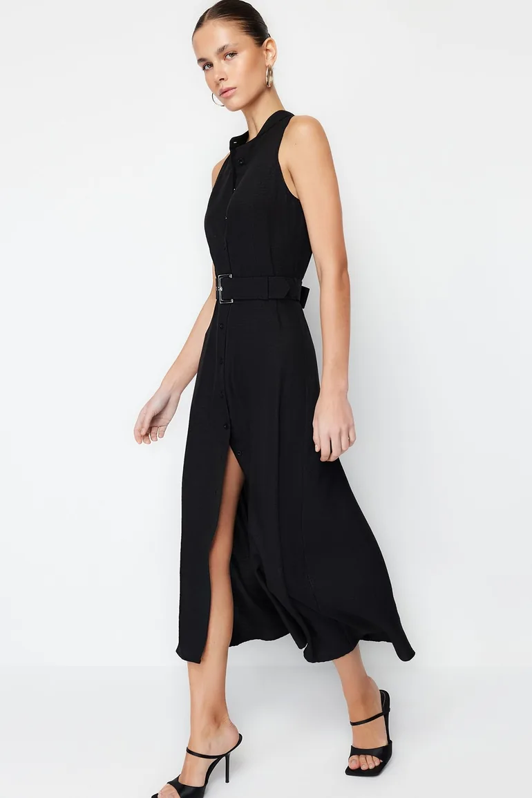 Black Woven Midaxi Dress - 1