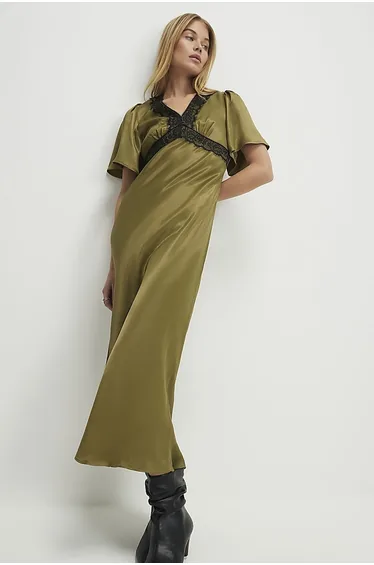 Khaki V Neck Lace Slip Dress