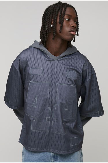 Oversized Boxy Varsity Applique Faux Layer Mesh Sports Top Hoodie - charcoal