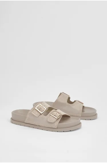 Faux Suede Stud Detail Double Buckle Sliders - taupe