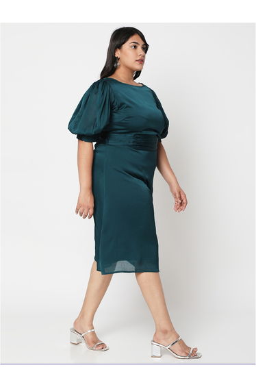 Plus Size Boat Neck Gathered Detail A-Line Midi Dress