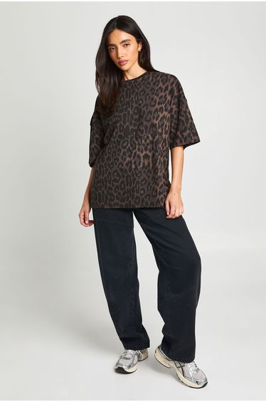 Leopard Print Oversized T-shirt - dark brown