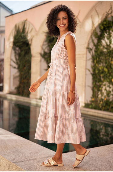 Yumi Brown Stripe With Embroidered Flower Cotton Dress