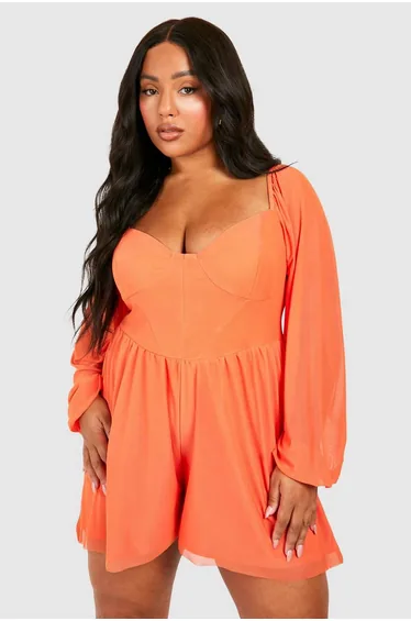 Plus Mesh Balloon Sleeve Corset Detail Floaty Playsuit - orange