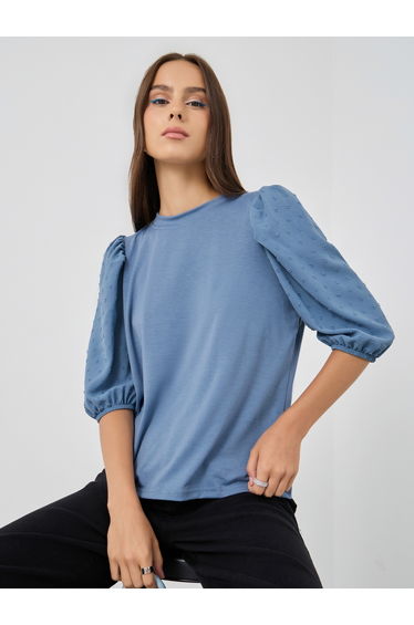 Solid Balloon Sleeve Round Neck Top
