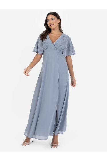 Maya Dusty Blue Floral Embroidered Short Sleeve Maxi Dress