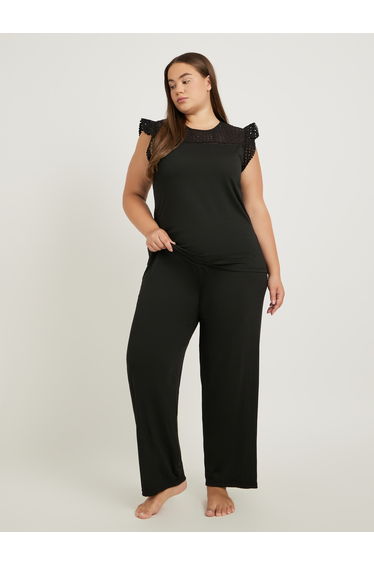 Plus Size Schiffli Yoke Flat Pompom Detail Top and Pyjama Set