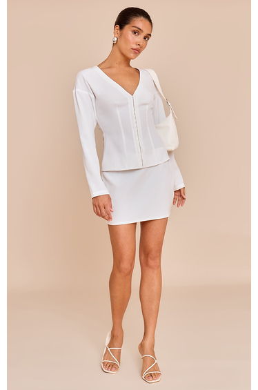 Petite White Collarless Hook And Eye Cinched Waist Long Top
