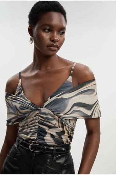 Marble Print Mesh Plunge Strappy Detail Bodysuit