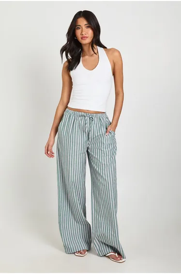 Woven Stripe Elasticated Waist Wide Leg Trouser - green