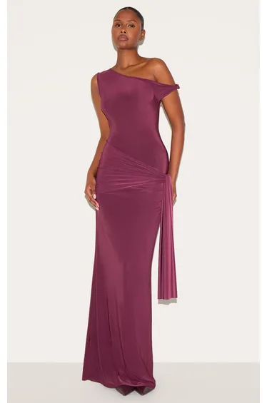 Wine Slinky Off Shoulder Wrap Detail Maxi Dress