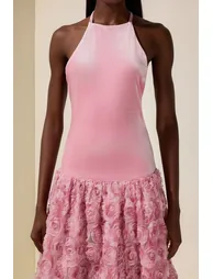 Velvet 3D Flower Halter Neck Midi Dress - 6