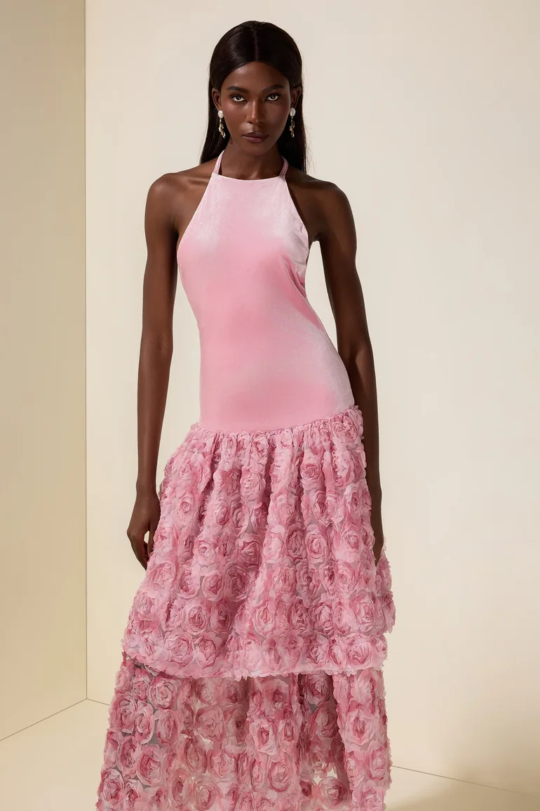 Velvet 3D Flower Halter Neck Midi Dress - 2