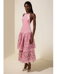 Velvet 3D Flower Halter Neck Midi Dress - 5