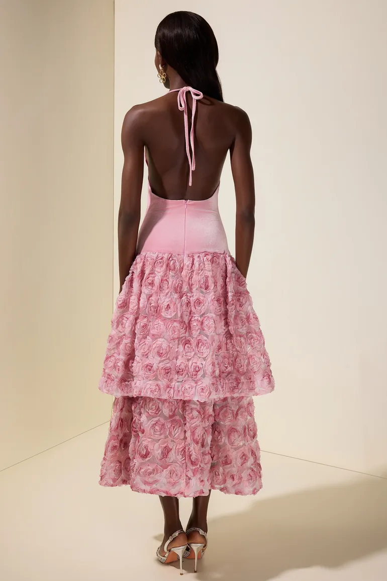 Velvet 3D Flower Halter Neck Midi Dress - 1