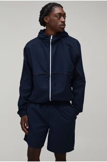 Funnel Neck Piping Wind Breaker & Baggy Short Set - navy