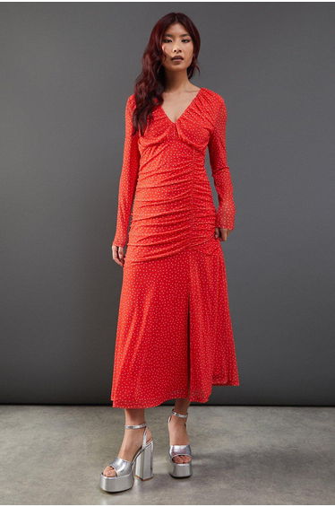 Spot Mesh Gathered Front Plunge Neck Midi Dress