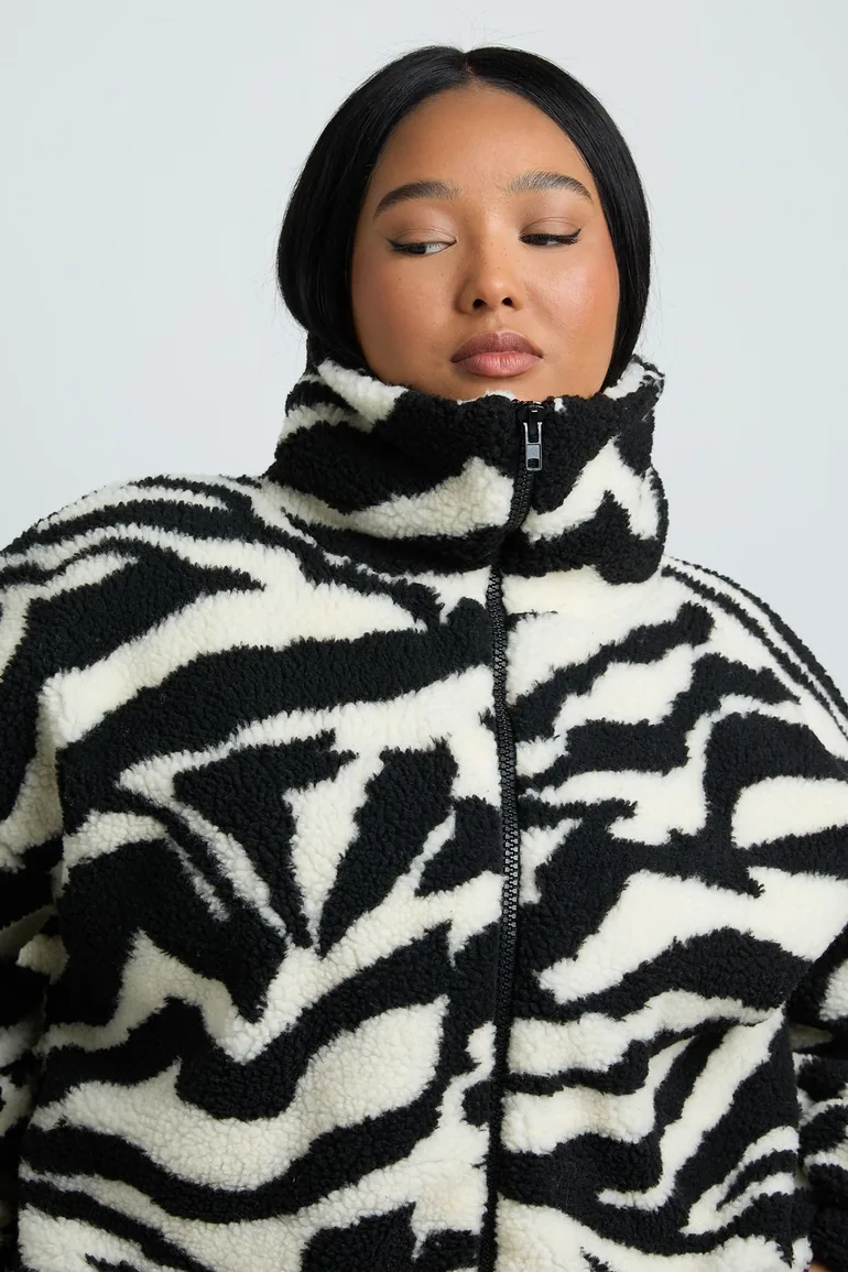 Plus Zebra Funnel Neck Teddy Bomber Jacket - zebra - 2
